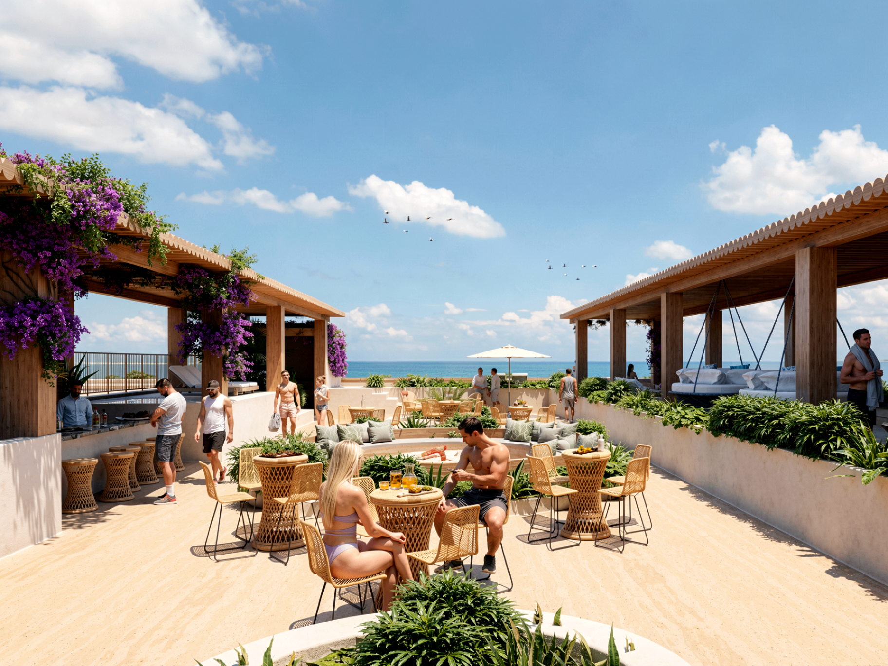Área social en roof garden con vista al mar