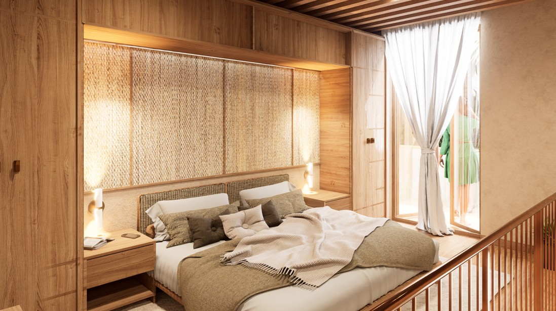 Recámara loft con cabecera de palma