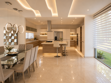 Cocina abierta y comedor con luz natural