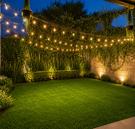 Jardín nocturno con iluminación cálida