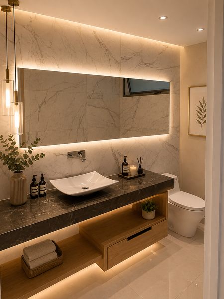 Medio baño con mármol y lavabo de diseño
