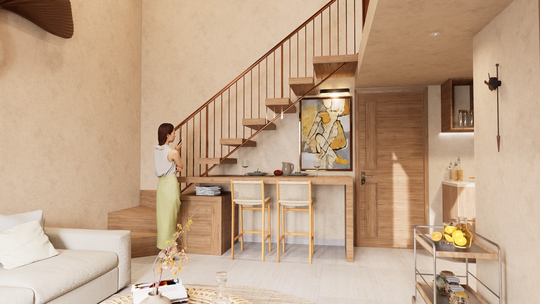 Sala loft con escalera de madera