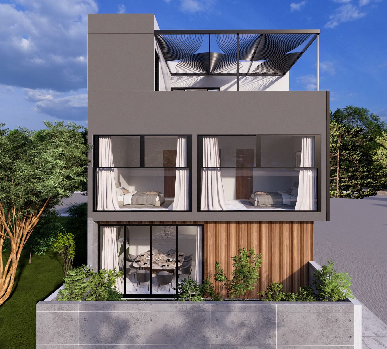 Render fachada posterior con terraza