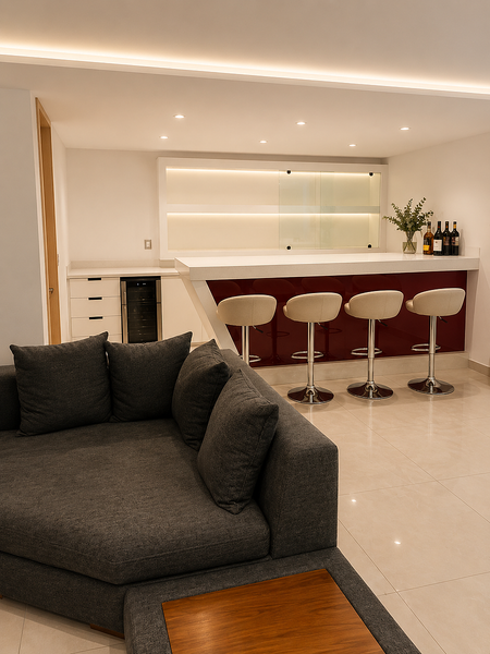 Bar con barra roja y sala lounge