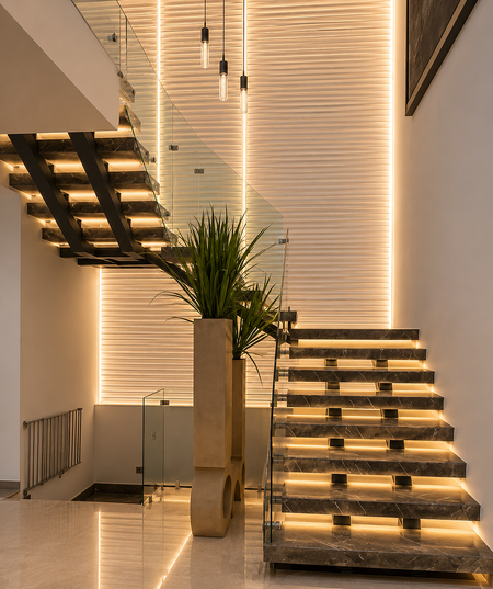 Escalera de mármol con iluminación cálida