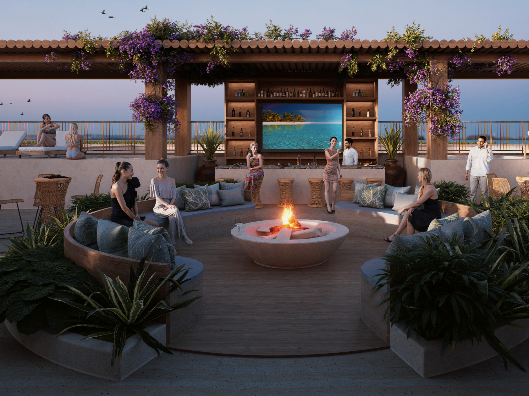 Roof garden nocturno con fire pit y bar